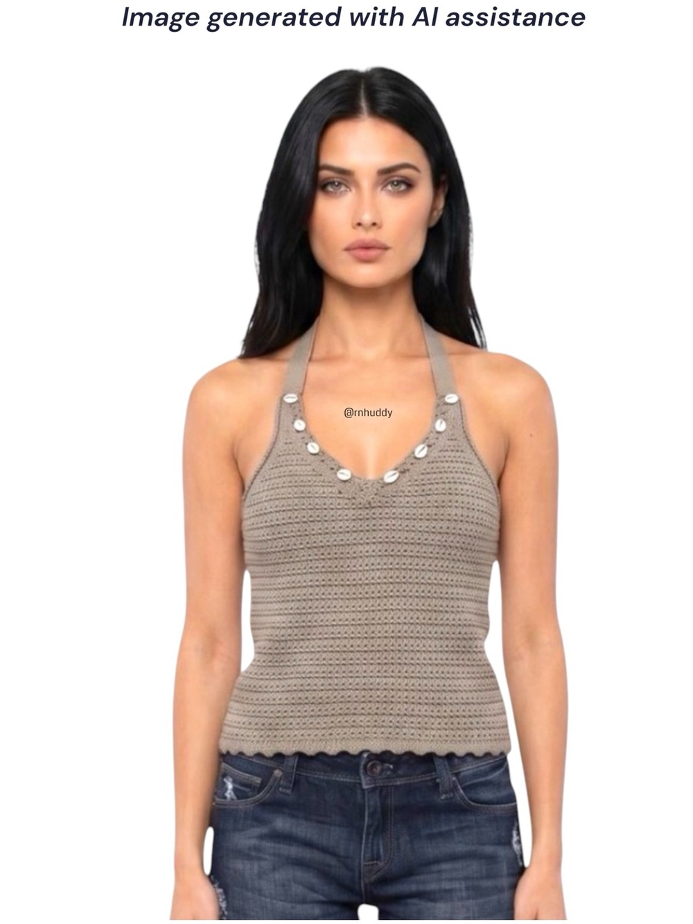 NWT Blue Rain S beige crochet seashell embellished halter